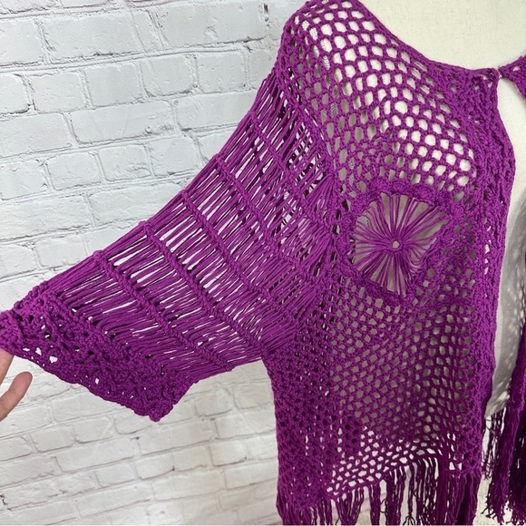 Resortwear purple Bohemian boho cardigan shawl cape coastal cowgirl fringe knit - Picture 2 of 5